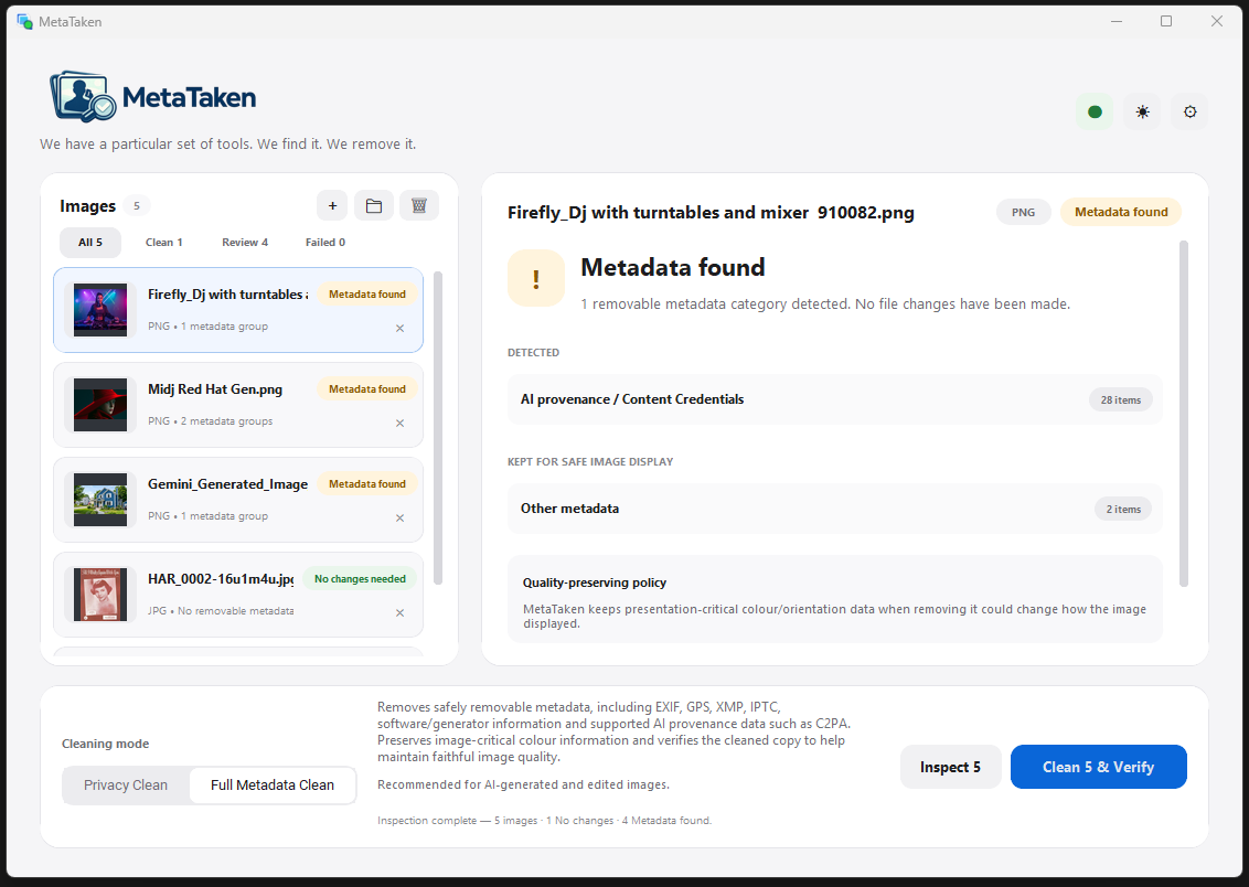 MetaTaken application showing image inspection results and Full Metadata Clean controls.