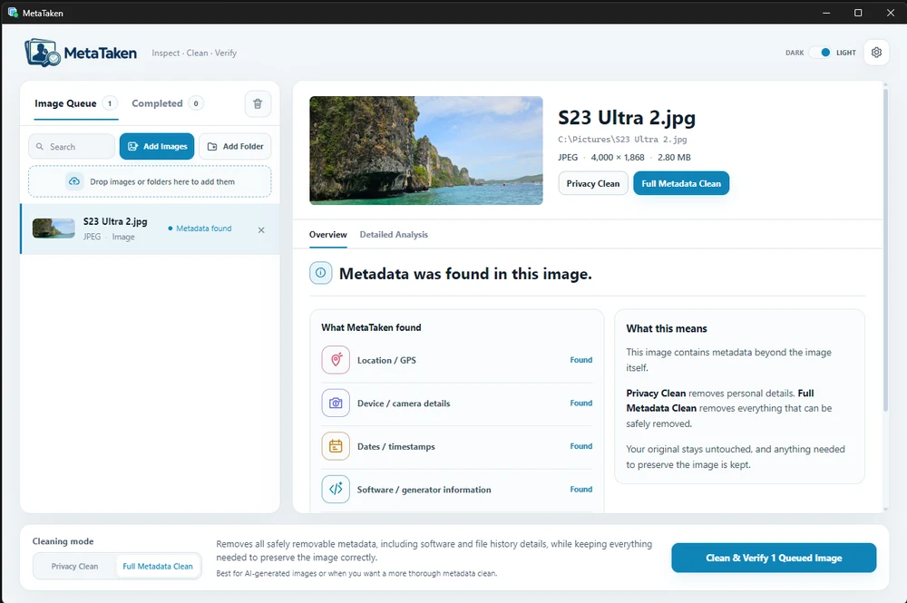 MetaTaken application showing image inspection results and Full Metadata Clean controls.