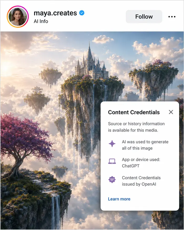 An AI-generated fantasy image in a social-style post with Content Credentials information.