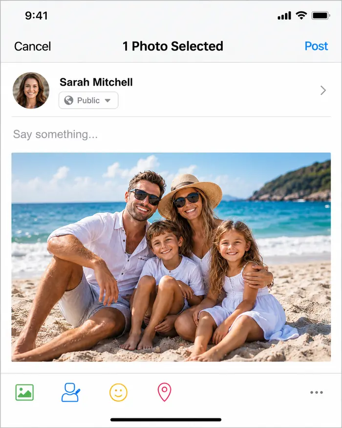 A social post composer with a family beach photo ready to post.