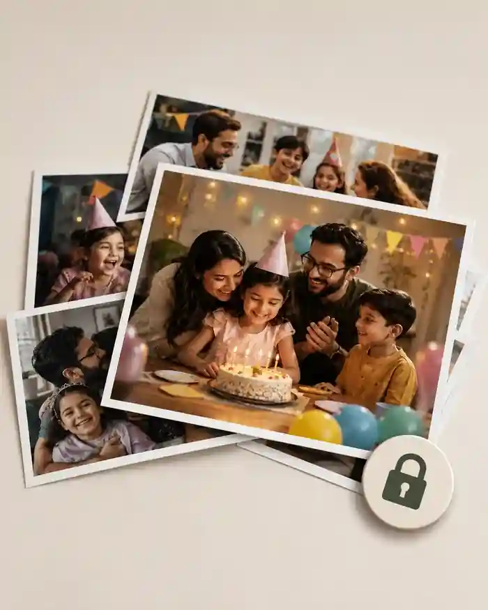 A stack of family birthday photos with a privacy lock icon.